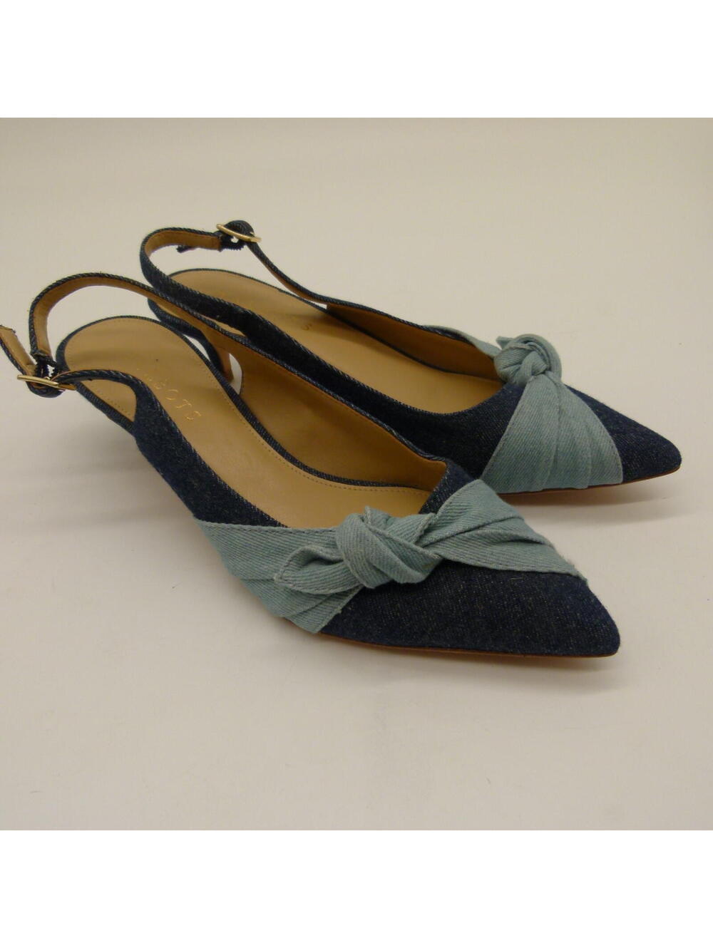 Talbots Denim Slingback Kitten Heel Pumps Blue Bow Pointed Toe NEW 7